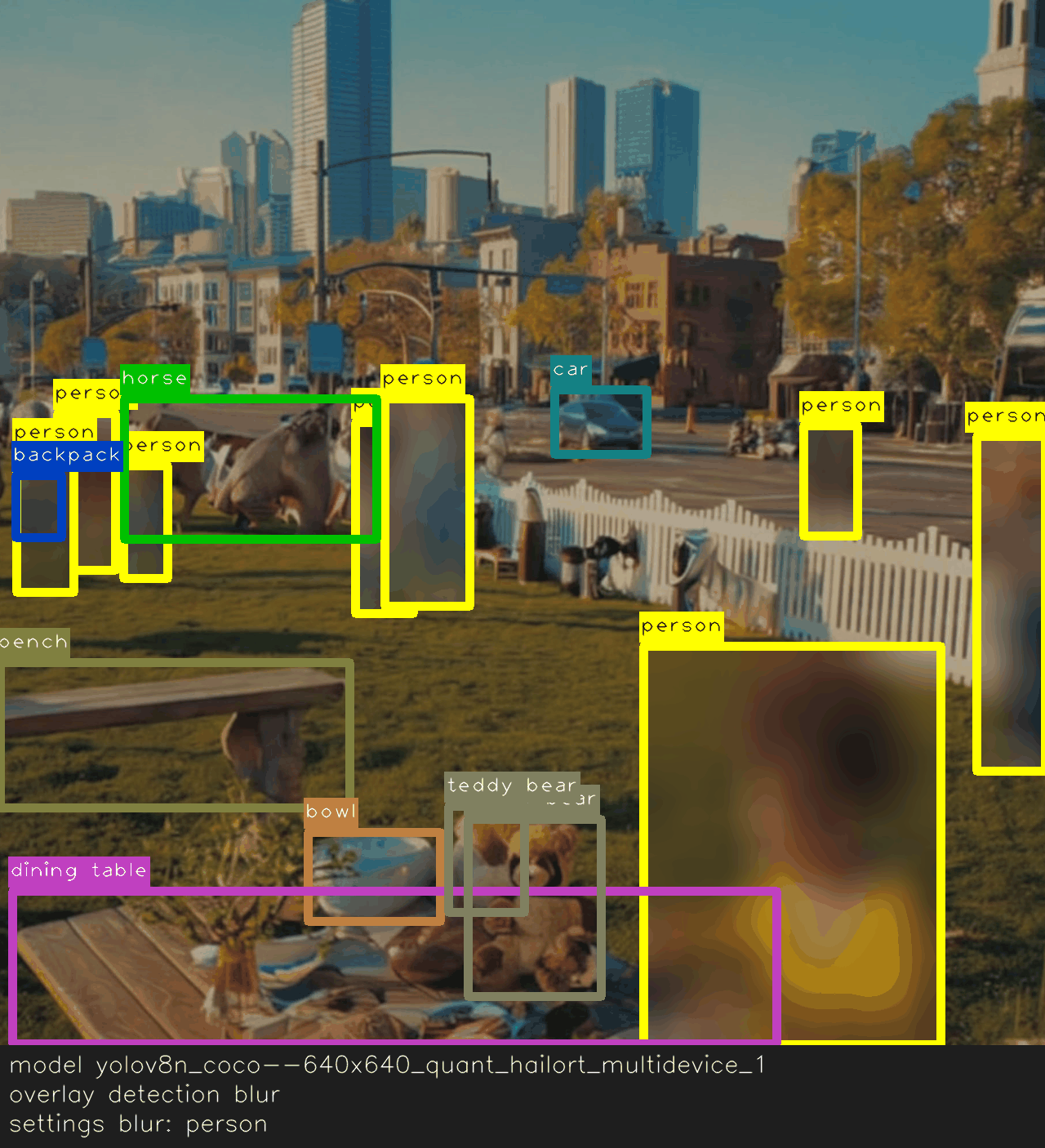 Detection overlay with the person class blurred for privacy.